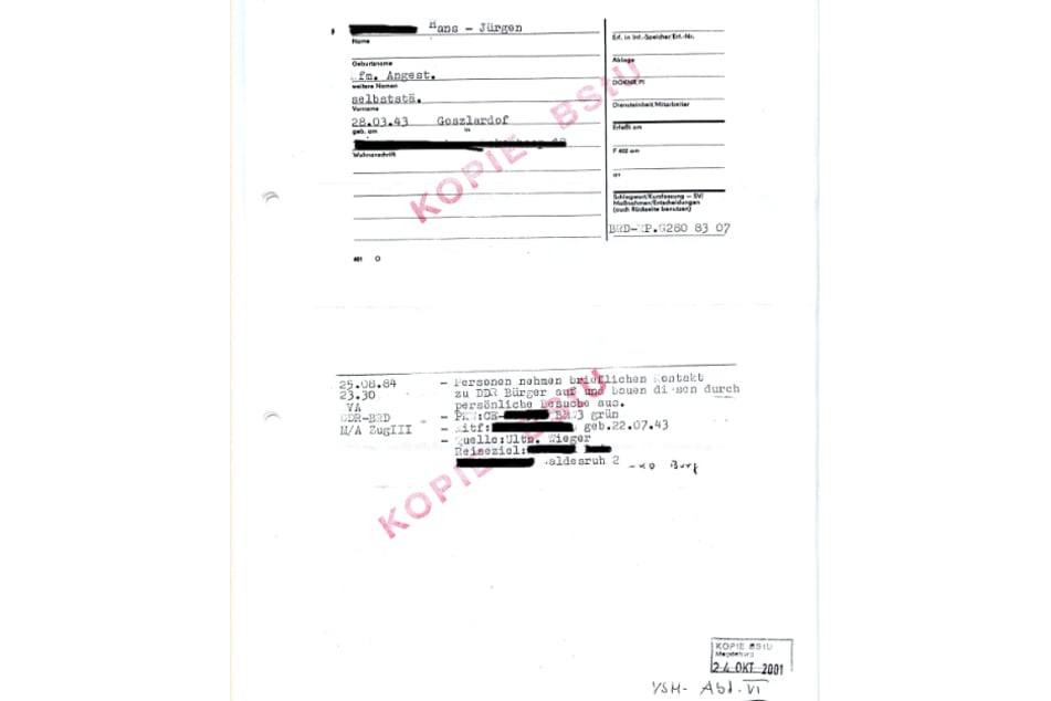 Kopie einer Auskunft der Behörde des Bundesbeauftragten für die Stasi-Unterlagen.