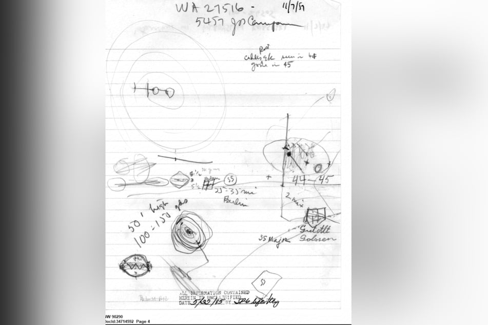 Dieses Gekritzel wurde vom FBI-Beamten im Zuge der Befragung angefertigt. Es zeigt unter anderem eine (sehr) grobe Skizze des Objekts, sowie eine Ortsbeschreibung, von wo aus der Zeuge das UFO beobachtet haben will.