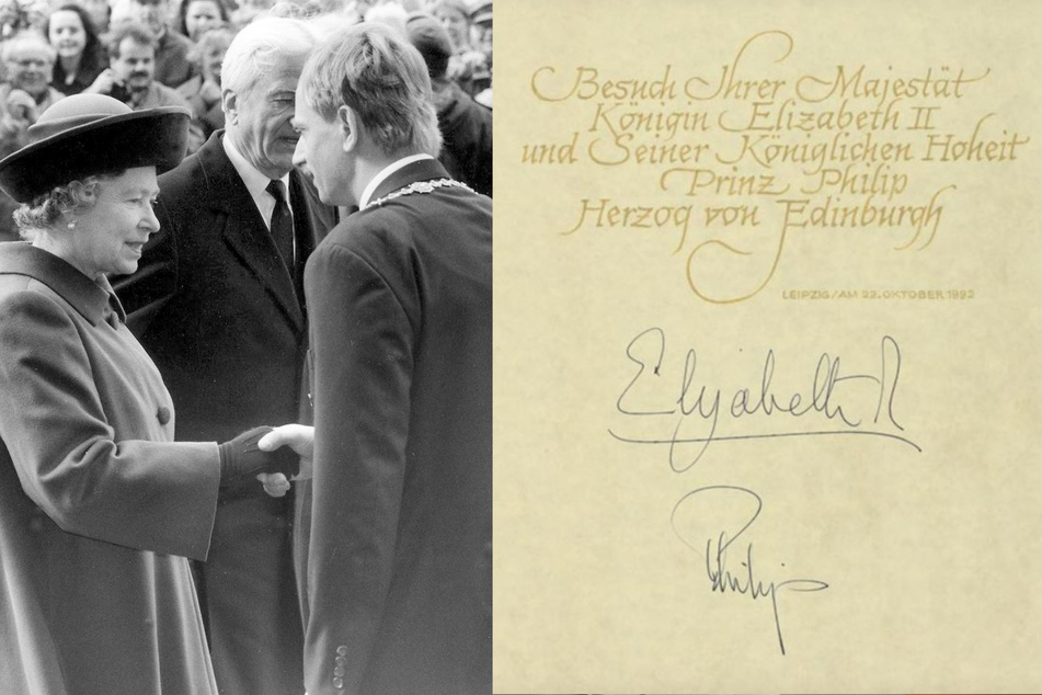 Die Queen 1992, begleitet von Richard von Weizsäcker, begrüßt von Dresdens OB Herbert Wagner. (Bildmontage)