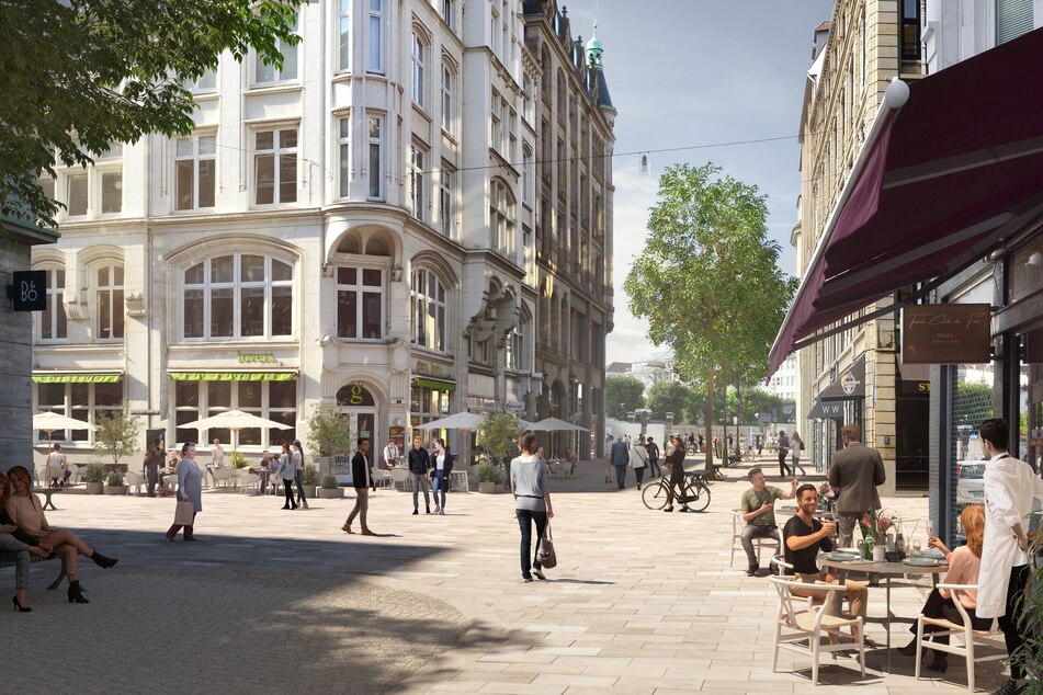 So soll das Rathausquartier in Zukunft aussehen: mehr Platz für Fußgänger und Außengastronomie sowie weniger Verkehr.