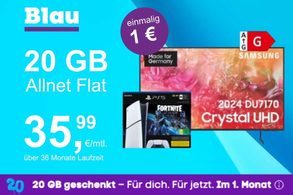 Der 65-Zoll Samsung-TV + PS5 Digital Slim Fortnite im Blau Allnet M inkl. 20 GB für einmalig nur 1 Euro.