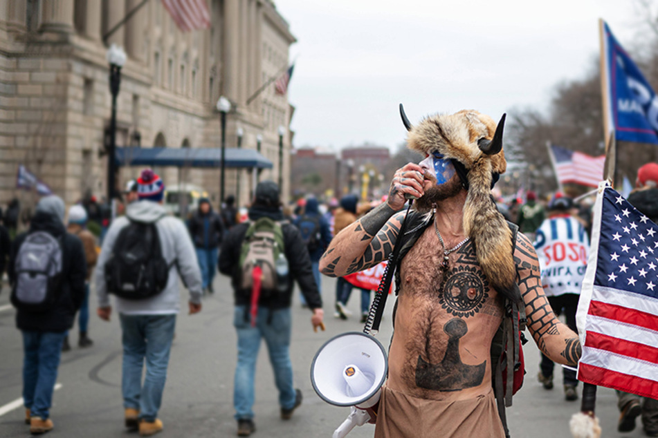 Jacob Chansley, also known as the QAnon Shaman, is seen among pro-Trump supporters during a March to Save America Rally on January 6 in Washington, D.C.