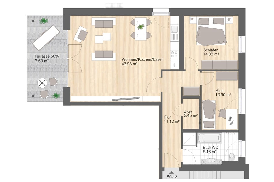 Wohneinheit 3: 3-Raum-Wohnung mit Terrasse, 98 m² Wohnfläche