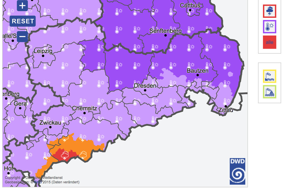 Der Deutsche Wetterdienst warnt aktuell vor heftigen Gewittern in Teilen von Sachsen.