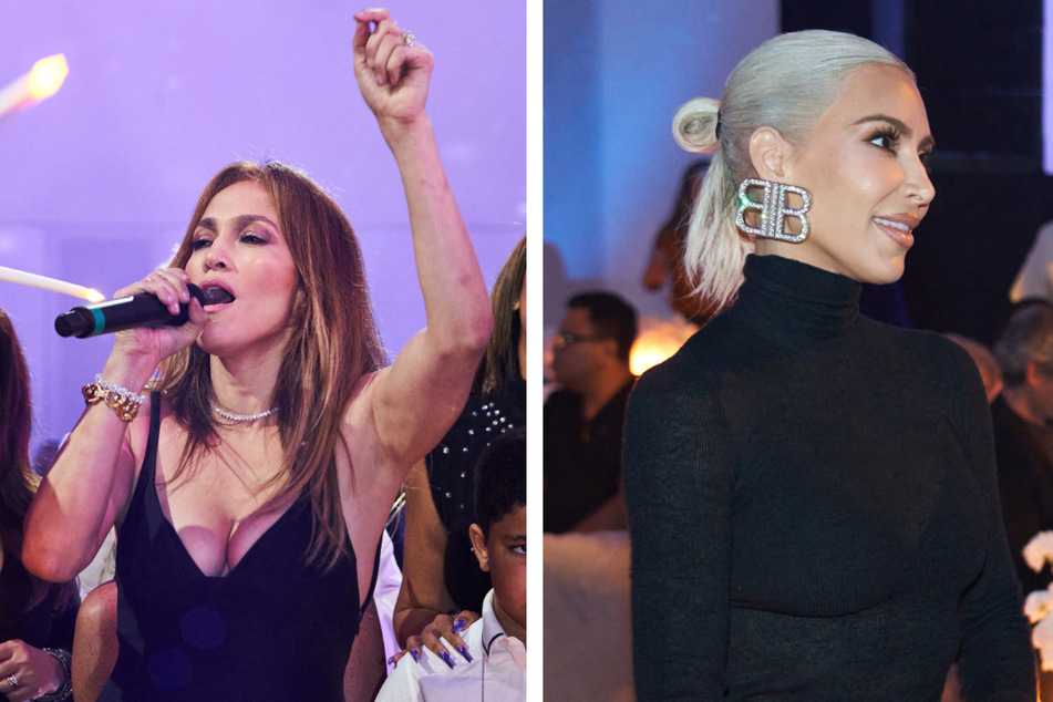 Jennifer Lopez (l.) took the stage to sing and give a speech at a Celebration of Life event held for JR Ridinger over the weekend, which Kim Kardashian (r.) also attended.