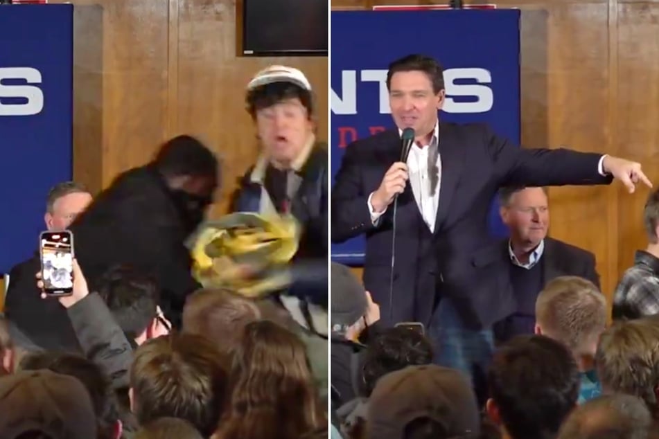 A security guard tackled a climate protester while Florida Governor Ron DeSantis was speaking to voters during an Iowa campaign event on Thursday.