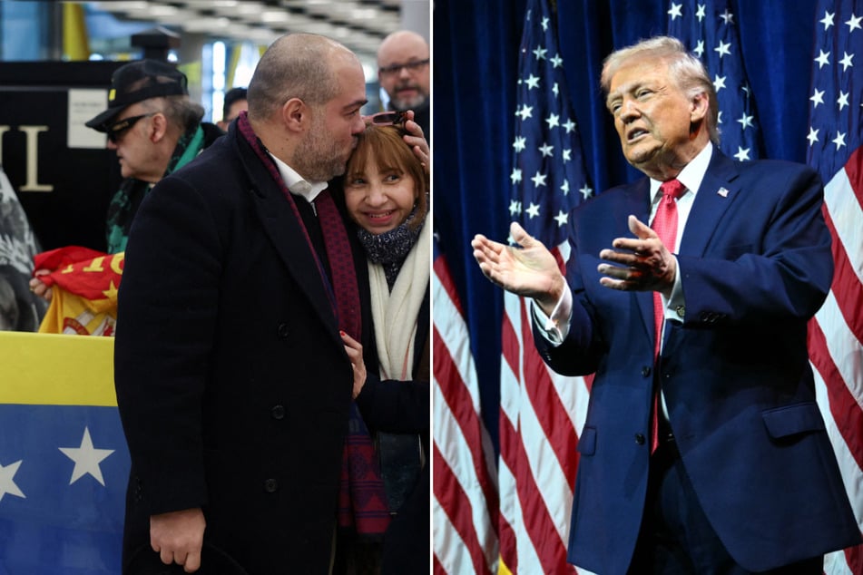 US President Donald Trump (r.) praised Venezuela's interim government for releasing imprisoned opposition leaders and said he had canceled a "second wave" of strikes.