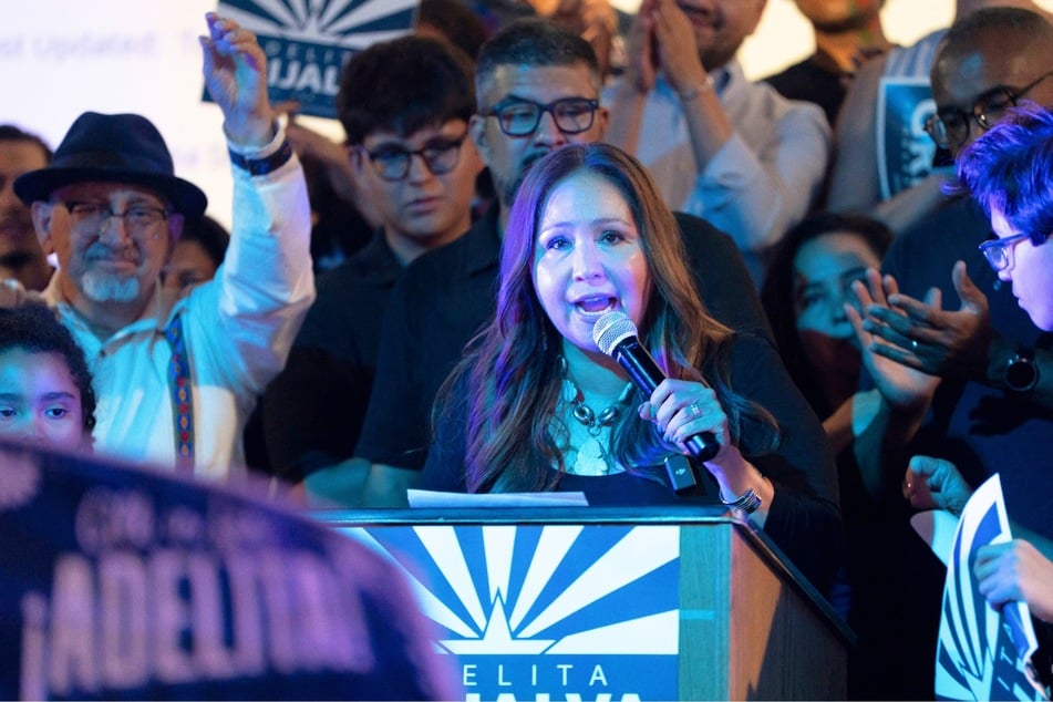 Adelita Grijalva speaks at a primary election-night party at El Casino Ballroom in South Tucson, Arizona, on July 15, 2025.