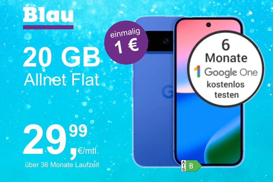 Das Google Pixel 10 im Blau Allnet M für einmalig 1 Euro.