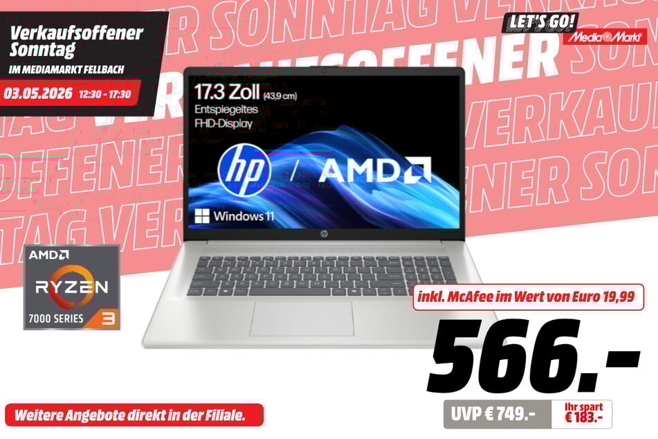 HP-Notebook 17-cp2336ng für 566 statt 749 Euro (inkl. Service-Paket McAfee im Wert von 19,99 Euro).
