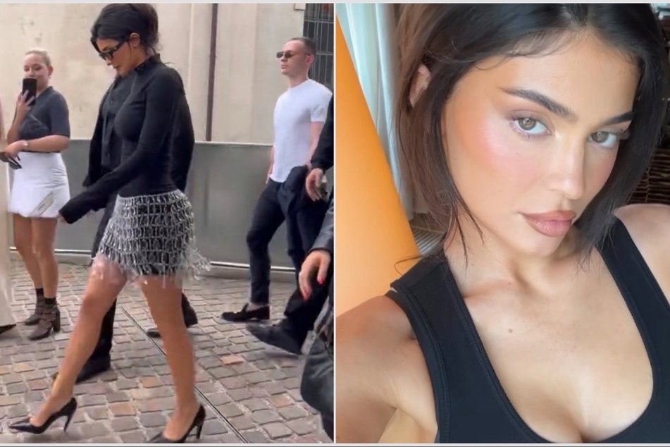 Kylie Jenner wore shiny crystals while attending the Prada 2024 spring show at Milan Fashion Week.