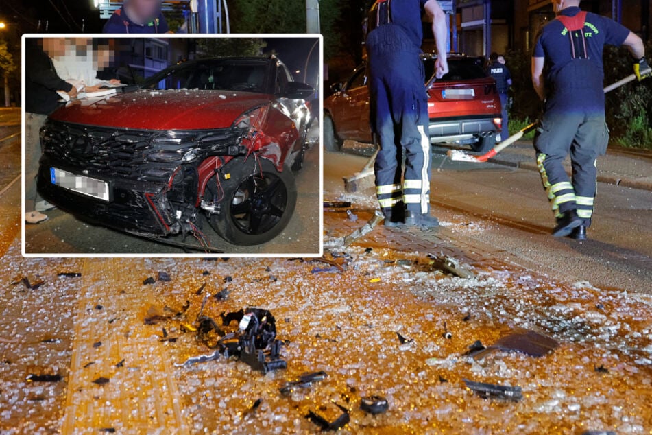 Chemnitz: Unfall in Chemnitz: Hyundai zerlegt Haltestelle von Straßenbahn