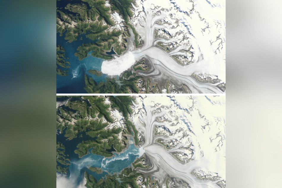 Zwei Satellitenbilder zeigen den Columbia-Gletscher in Alaska im Juni 2017 (oben) und im Juni 2020 (unten). Die rasante Gletscherschmelze bringt fatale Auswirkungen mit sich. (Archivbild)