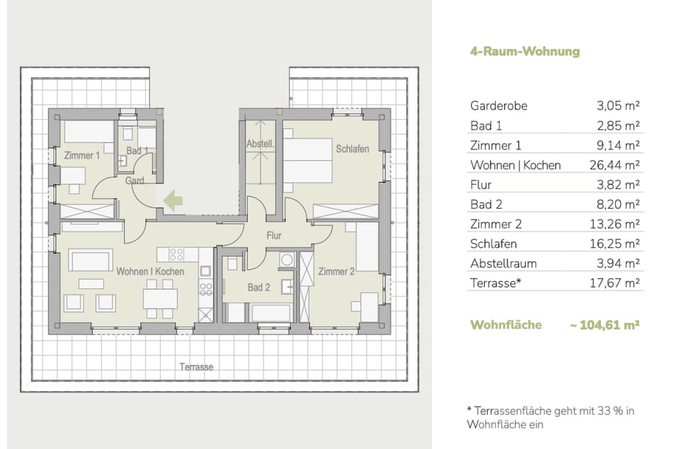 Beispielgrundriss für 4-Raumwohnung – ideal für Familien.