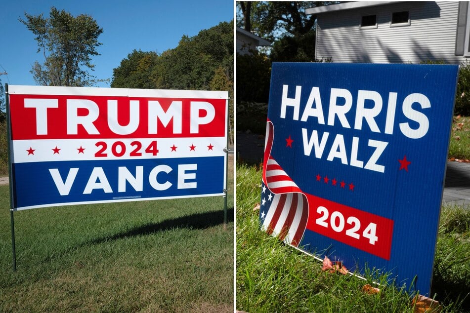 A campaign sign supporting Donald Trump and JD Vance (L), and a sign supporting Kamala Harris and Tim Walz (R) on display in Michigan.