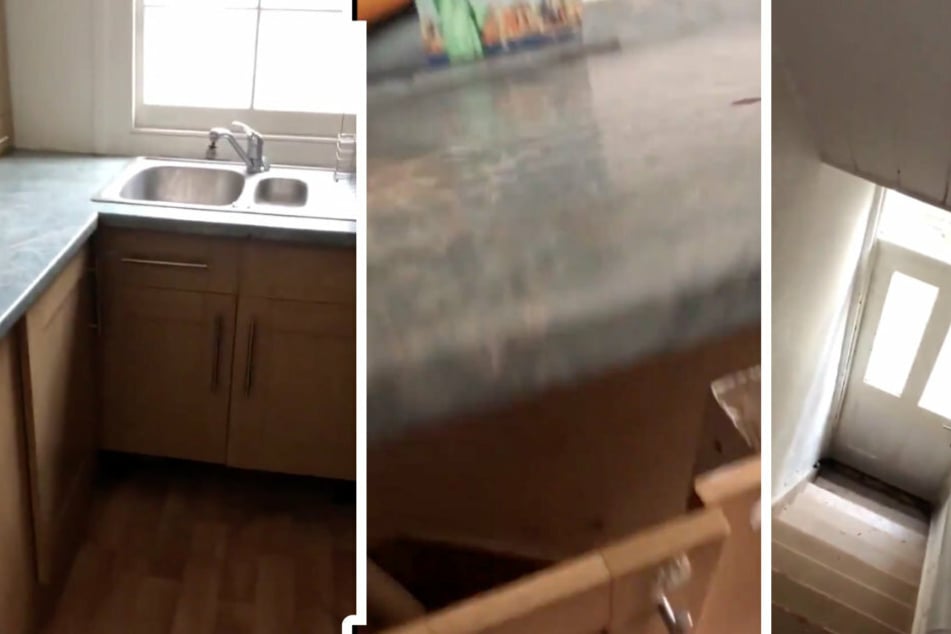 At first sight it looks like a normal kitchen, but then Jamie lifts the countertop, revealing a hidden staircase (collage).