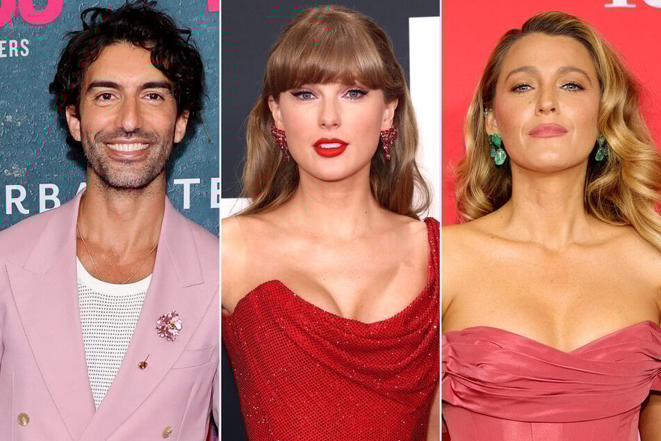 Taylor Swift (c.) is reportedly set to be deposed in the legal battle between It Ends With Us co-stars Justin Baldoni (l.) and Blake Lively next month.