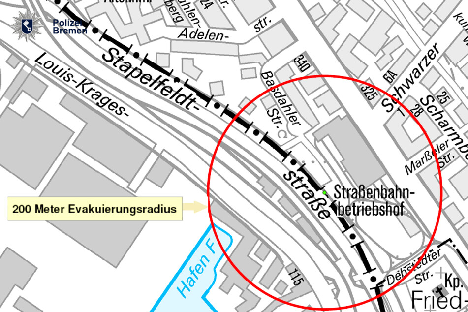 Die Polizei veröffentlichte eine Karte des betroffenen Gebiets, der Evakuierungsradius ist rot eingekreist.