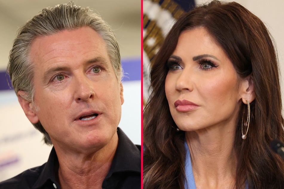 California Governor Gavin Newsom (l.) urged airports to ignore Homeland Security Secretary Kristi Noem's (r.) requests and accused her of breaking the law.