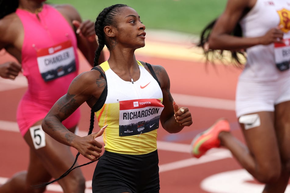 Sha'Carri Richardson reacts after competing in the Nike Women's 100m during the 2025 USATF Outdoor Championships at Hayward Field in Eugene, Oregon.
