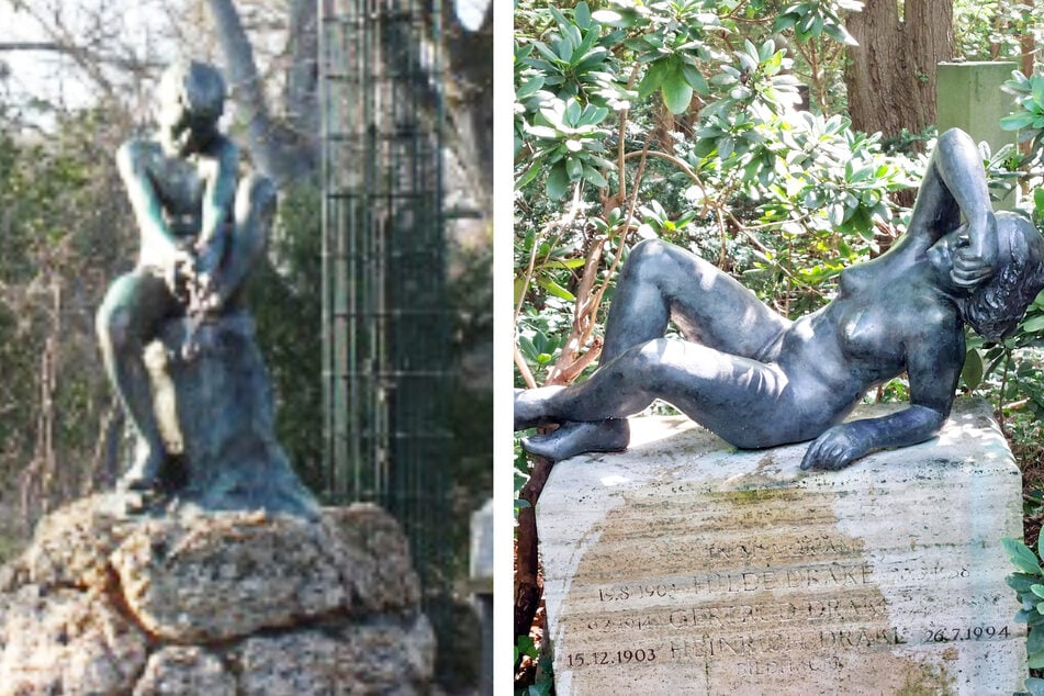 Die Polizei sucht nach den Statuen "Knabe mit Tintenfisch" (l.) aus dem Franckepark in Tempelhof und "Liegende" vom Friedhof Pankow III.