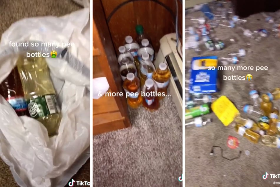 Disgusting! The student found countless bottles filled with urine (collage).