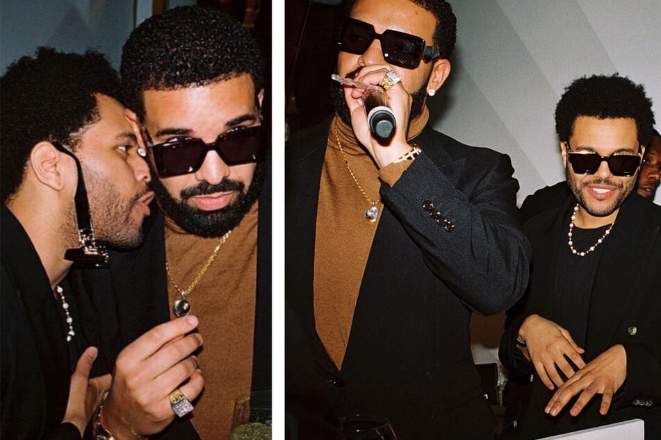 On Tuesday, Drake (c.) shared photos from The Weeknd's (r.) birthday bash in Las Vegas, where the birthday boy was spotted making out with his rumored girlfriend.