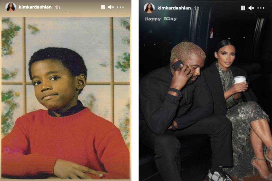 Kim shared a childhood shot of Kanye (l.) on her Instagram story with the caption "1987" and a balloon emoji, and also highlighted a photo of the former couple (r.).