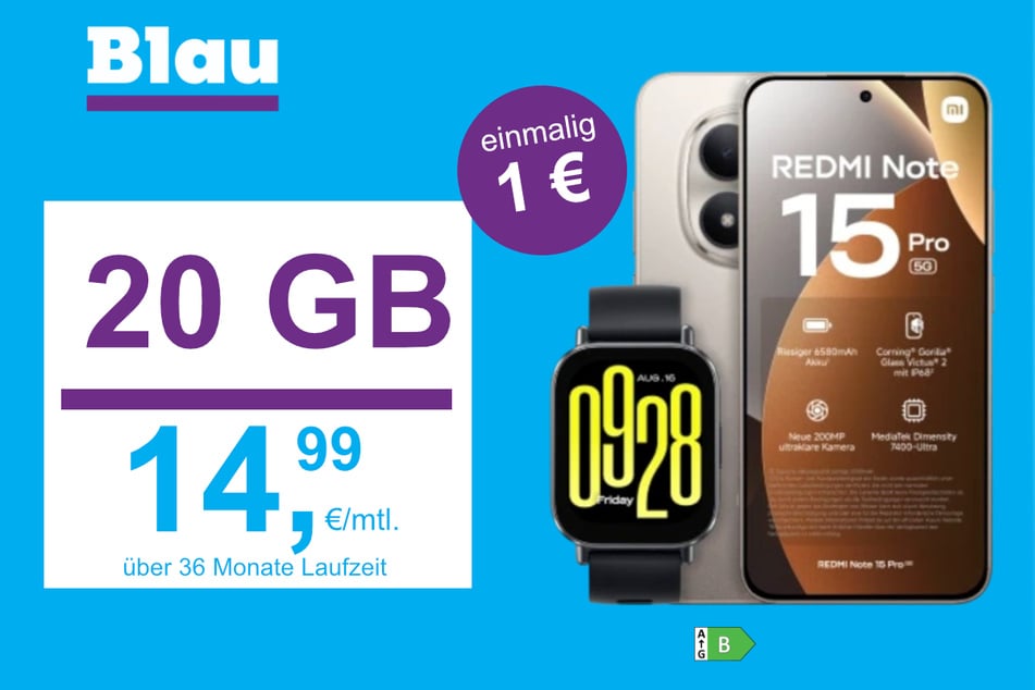Das Xiaomi Redmi Note 15 Pro 5G plus Redmi Watch 5 Active im Blau Allnet M für einmalig 1 Euro.