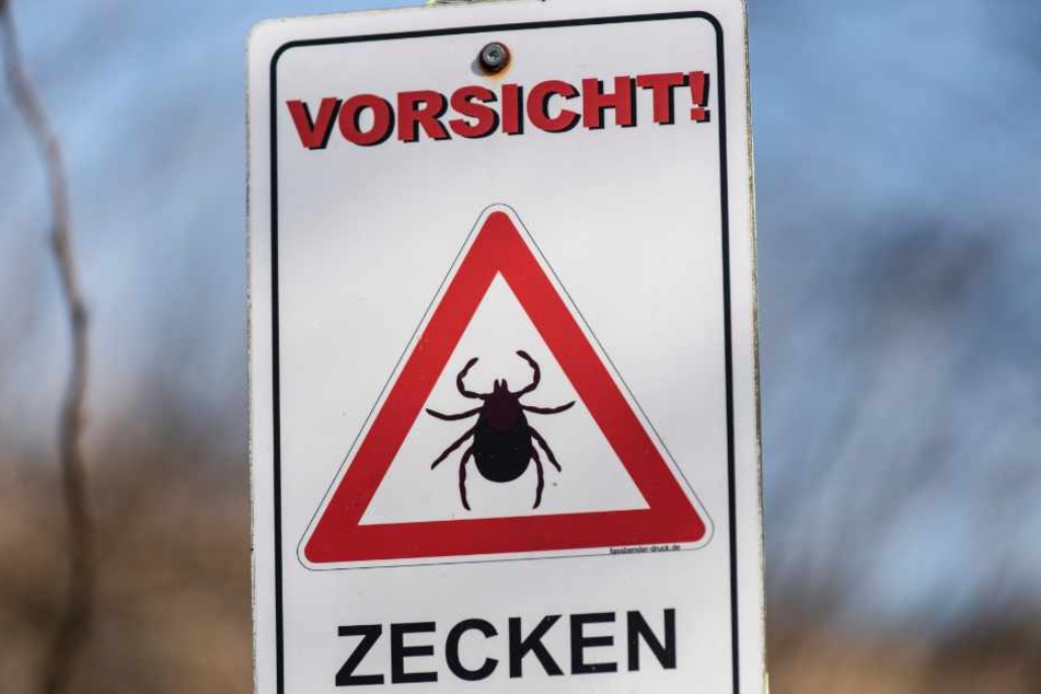 Ein Schild weist auf die Gefahr von Zecken hin.