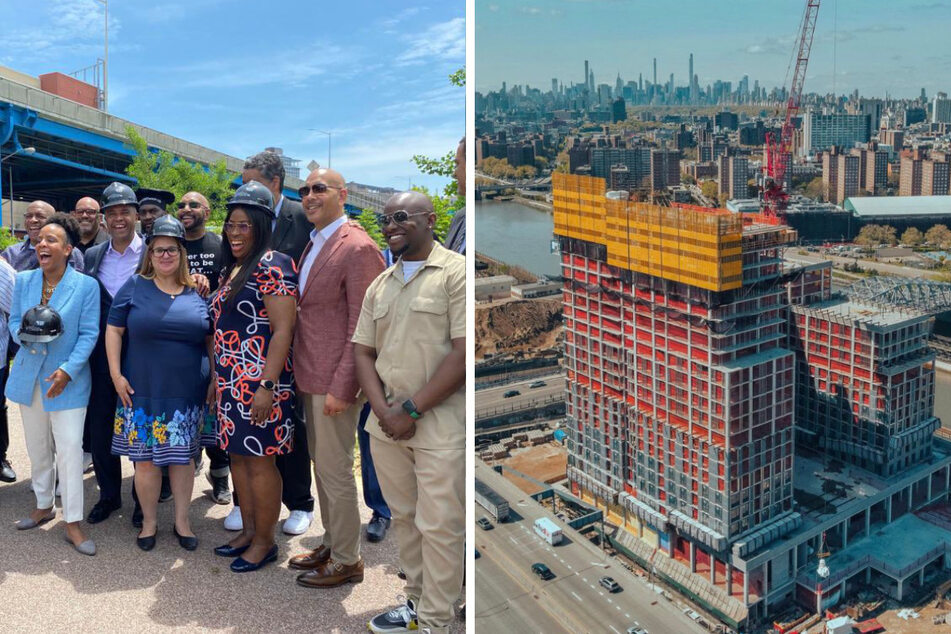 Bronx officials celebrated the Universal Hip Hop Museum's topping off ceremony on Thursday (l.), which saw the building's structure completed (r.).