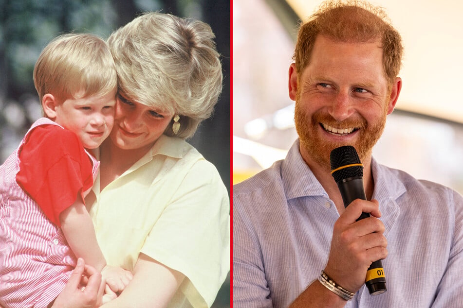 Prince Harry (r) has shared that his late mother, Princess Diana, has inspired him to hug his own children "extra tight."