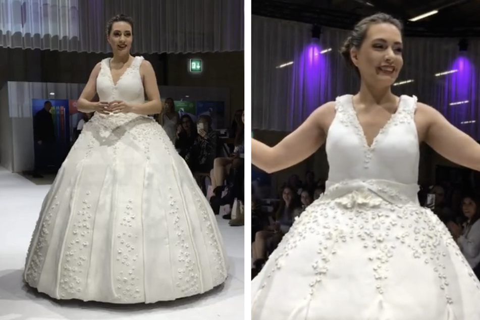 Das essbare Brautkleid - oder die tragbare Torte - wurde auf der Hochzeitsmesse in Bern präsentiert.
