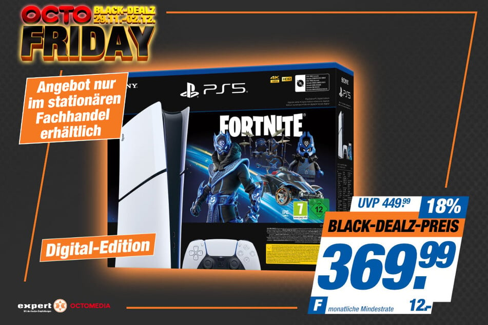 Sony PlayStation 5 Slim (digitale Version inklusive Fortnite Cobalt Star) für 369,99 statt 449,99 Euro.