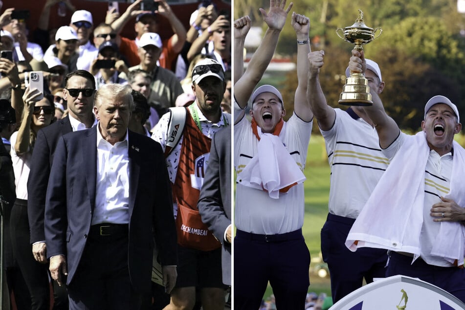 President Donald Trump (l.) was taunted by Europe's Ryder Cup team, who retained the trophy with a 15-13 win over the US on Sunday.