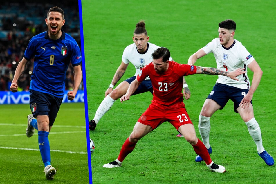 Jorginho (29, l.) ist der Denker und Lenker des italienischen Spiels. Bei England steht die Doppelsechs Kalvin Phillips (25, 2.v.l.) und Declan Rice (22, r.) richtig gut.