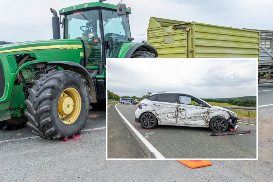 Crash beim Überholen: Hyundai kracht in Traktorgespann
