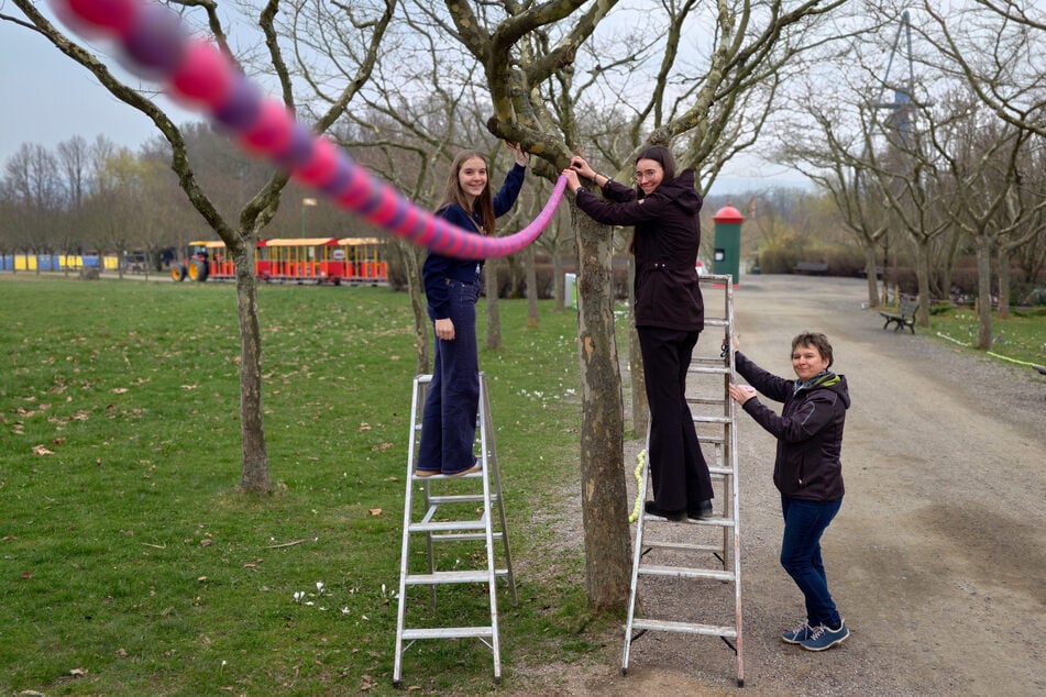 Helene Wartenberg (15), Leonie Jahn (19) und Cathleen Wartenberg (49,v.l.) bringen eine Eier-Girlande an.