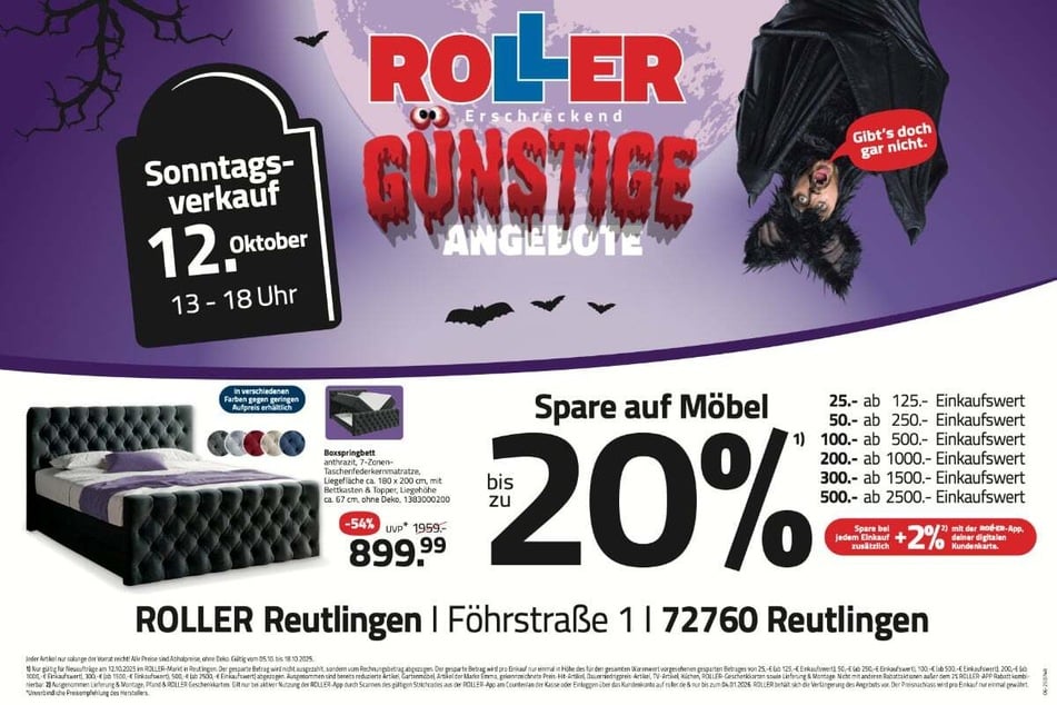 Zum verkaufsoffenen Sonntag (12.10.) bei ROLLER in Reutlingen gibt's Boxspringbetten 54 Prozent günstiger.