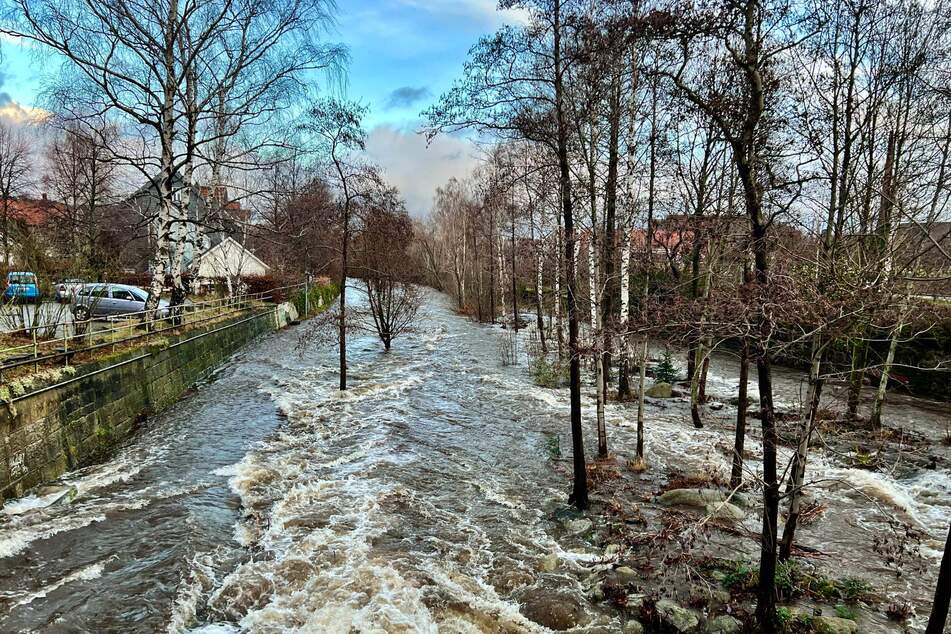 Die hochwasserführende Oker überflutet in Oker in Niedersachsen teilweise die Promenade.