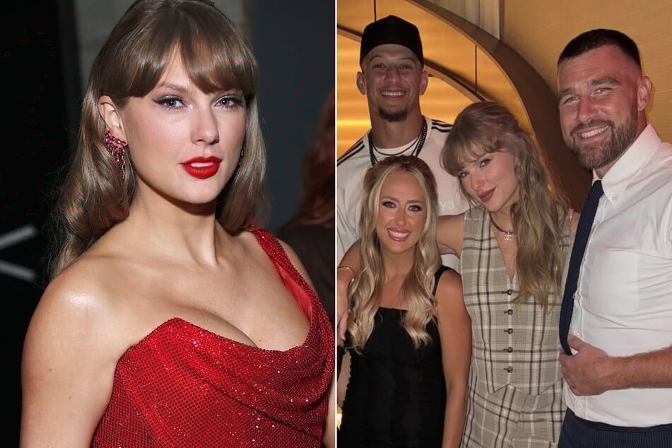 Taylor Swift (l.) was seen with Travis Kelce (r.) post-game party following her unusual disguise at Arrowhead Stadium on Sunday.
