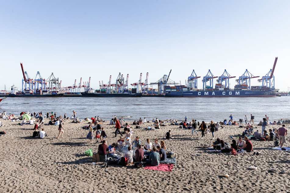 Hamburger genießen die Sonne am Elbstrand.