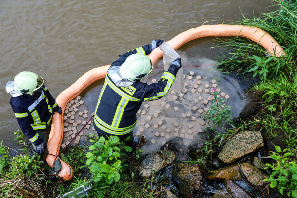 Die Feuerwehr hat auf dem Schwarzwasser eine Ölsperre errichtet und dort Würfel hineingegeben, die die Verschmutzung aufgesaugt haben.