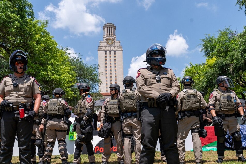 Texas State troopers flood the University of Texas at Austin campus during pro-Palestinian protests against the Israeli onslaught on Gaza.