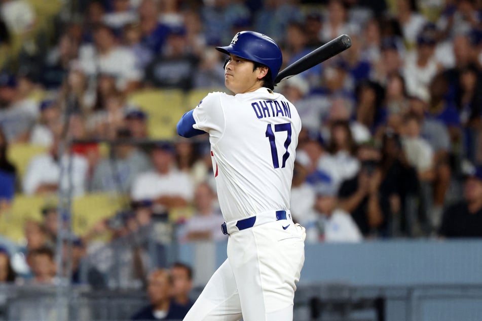 Los Angeles Dodgers two-way player Shohei Ohtani hits an RBI double during the sixth inning against the Seattle Mariners at Dodger Stadium on July 29, 2026.
