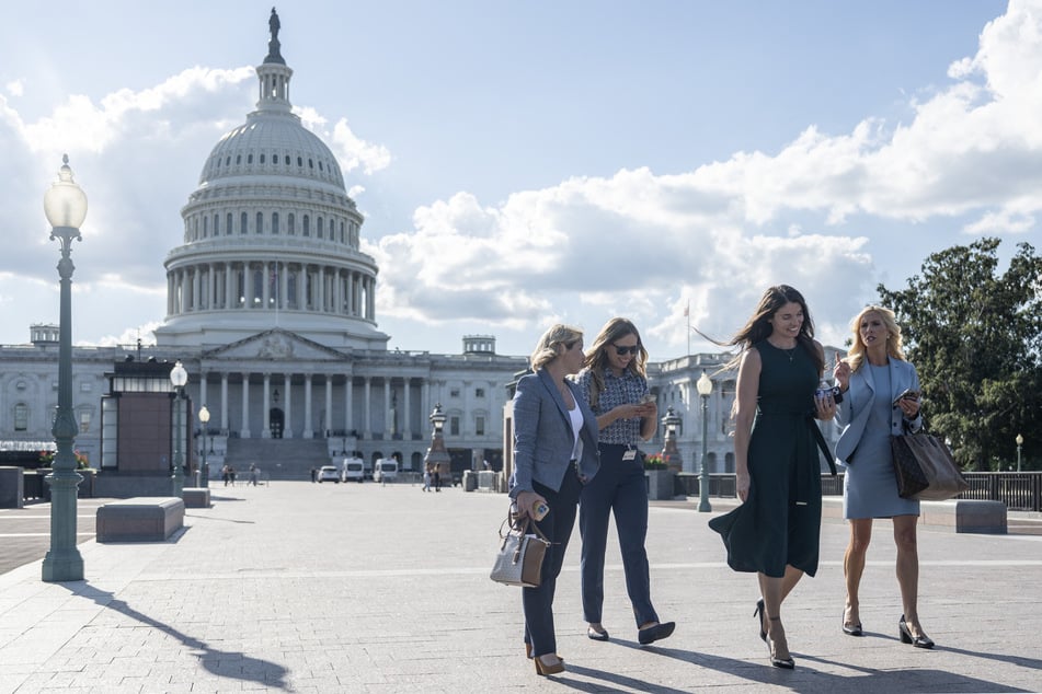 Teresa Helm (2nd R), an abuse victim of Jeffery Epstein, walks with a group of women after they spoke behind closed doors with the House Oversight Committee at the US Capitol in Washington, DC, on Tuesday.