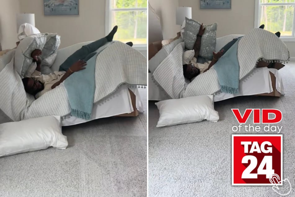 This woman captured the moment her husband dramatically flopped onto what he thought was a real bed - only to crash straight through a fake one made of cardboard!