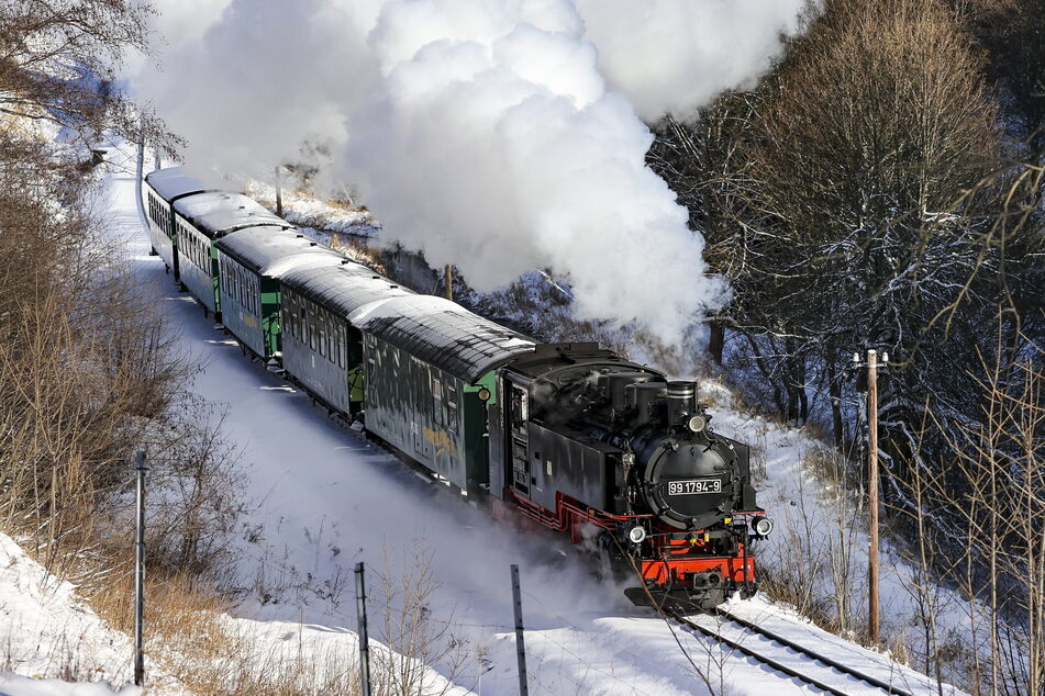 Die Fichtelbergbahn schnauft bei Unterwiesenthal durch den Winterwald im Erzgebirge. Touristen lieben die Bahn als nostalgisches Ausflugsziel. Anwohner schätzen sie als Nahverkehrsmittel.