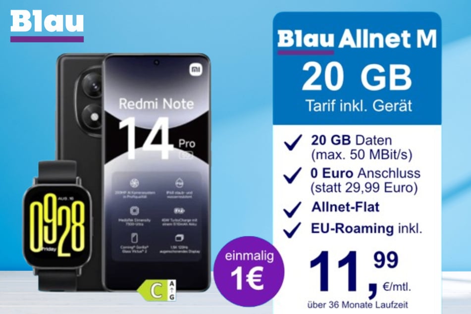 Das Xiaomi Redmi Note 14 Pro + Watch 5 Active im Blau Allnet M für einmalig 1 Euro.