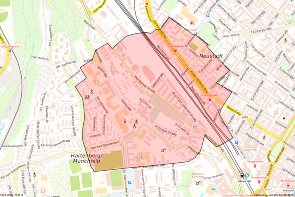 Die rot gefärbte Fläche zeigt den Evakuierungsbereich, der rund um den Fundort der Bombe in Mainz/Hartenberg-Münchfeld festgelegt wurde.